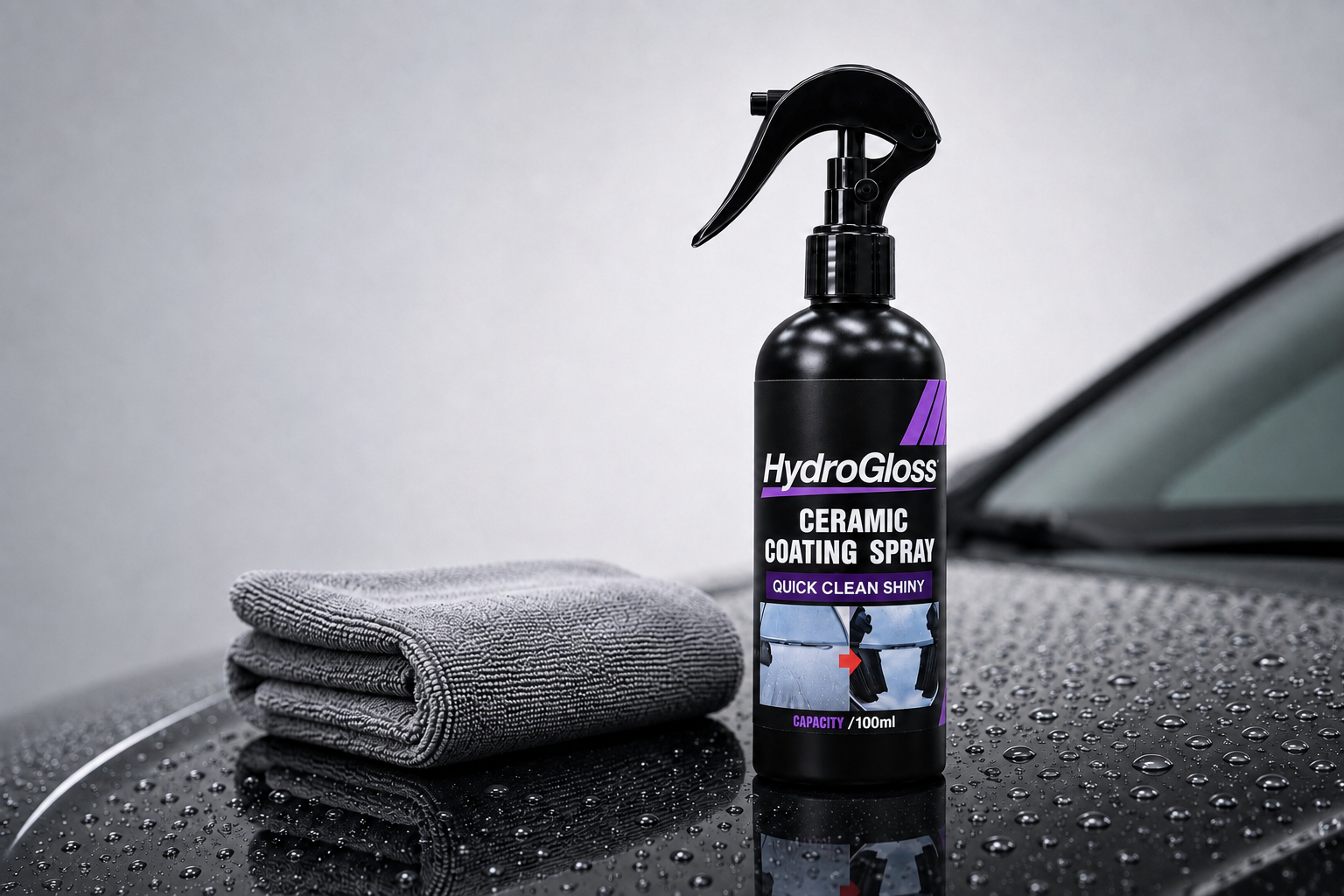 HydroGloss ceramic coating spray with microfiber on wet car hood