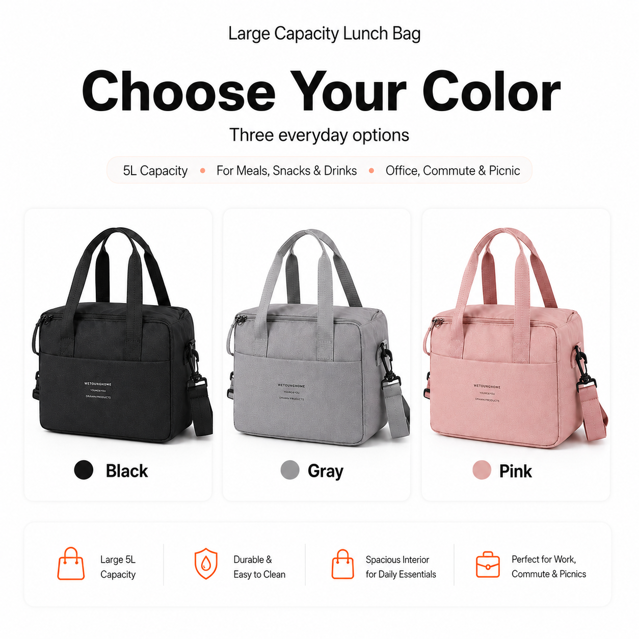 Black gray and pink lunch bag color options
