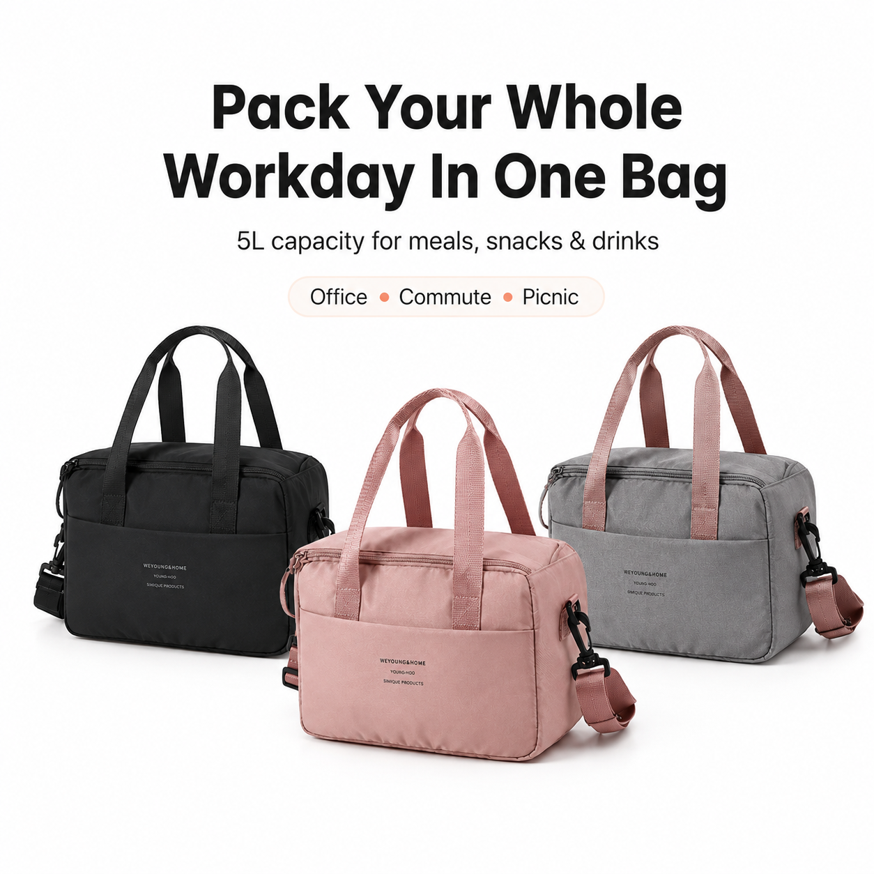 Pink black and gray lunch bags for workday use
