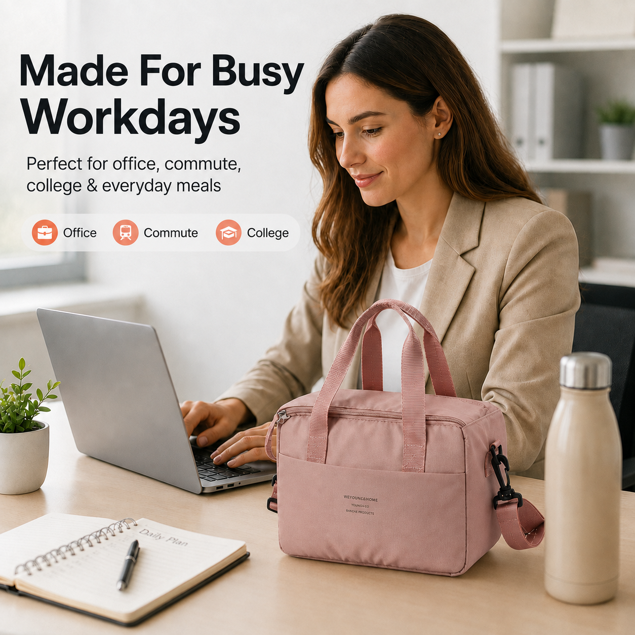 Pink lunch bag for office commute and everyday meals