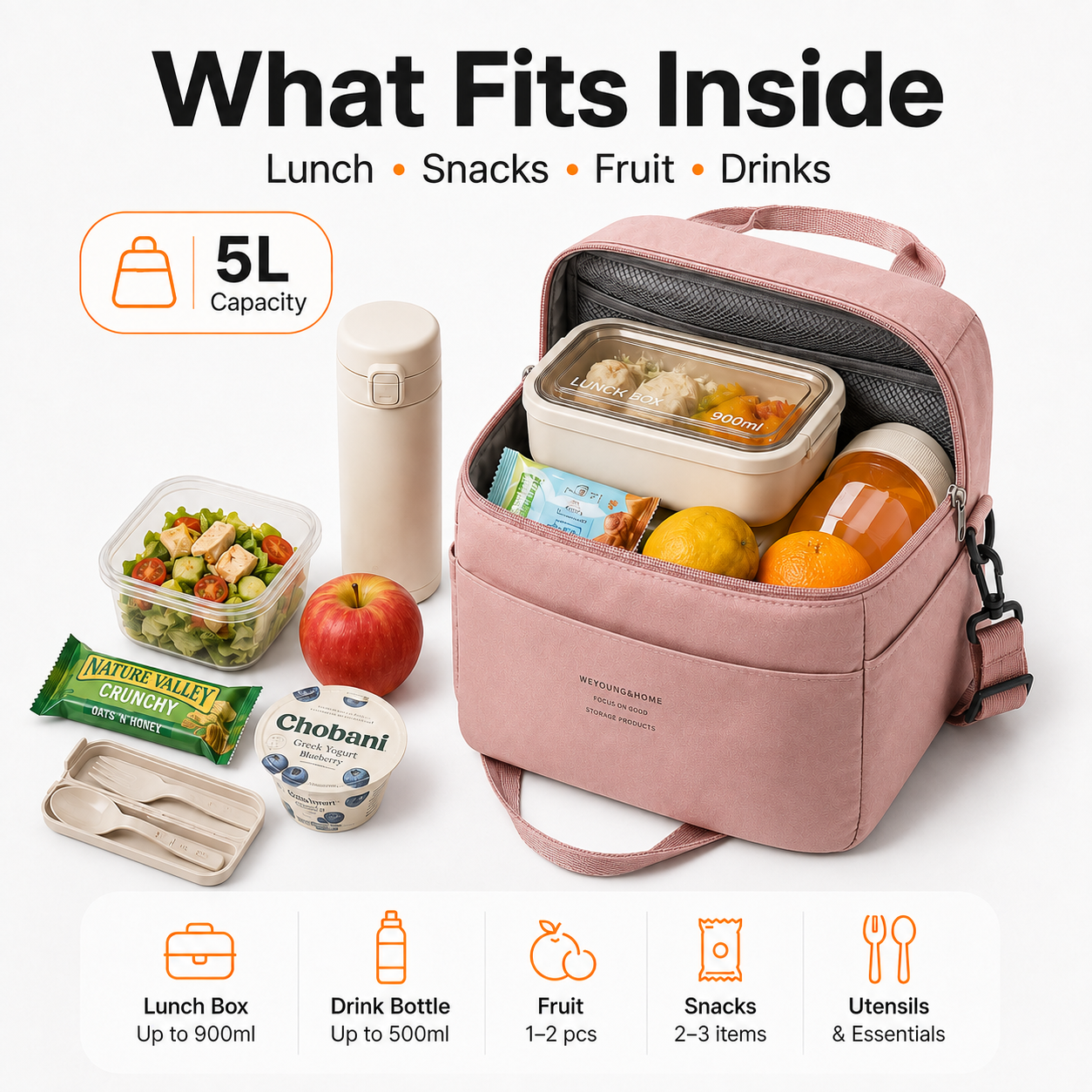 5L pink lunch bag with meal snacks fruit drinks and utensils